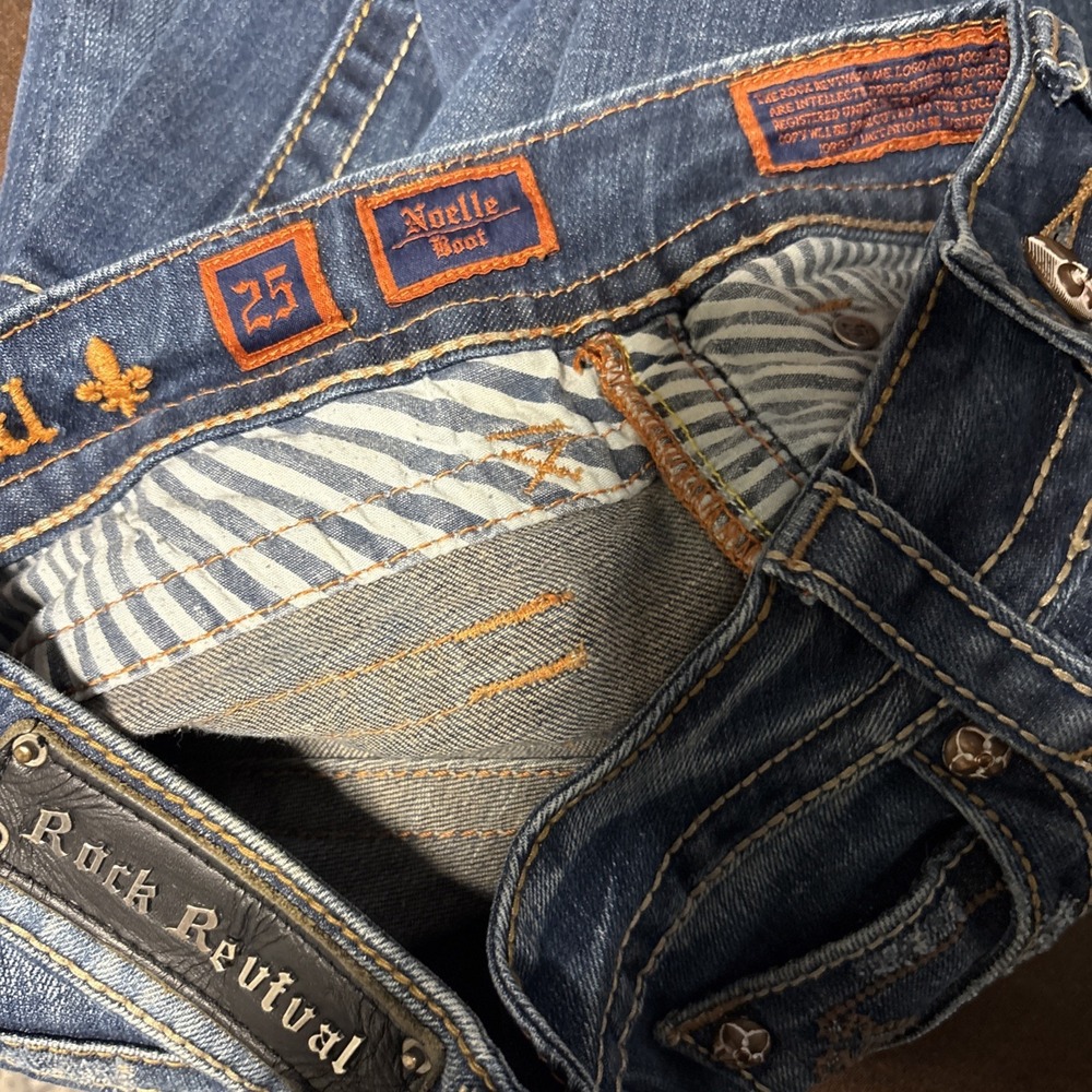 Rock Revival Jeans Womens 25 Noelle Boot Rhinestone Pockets Distressed Denim - Picture 10 of 12